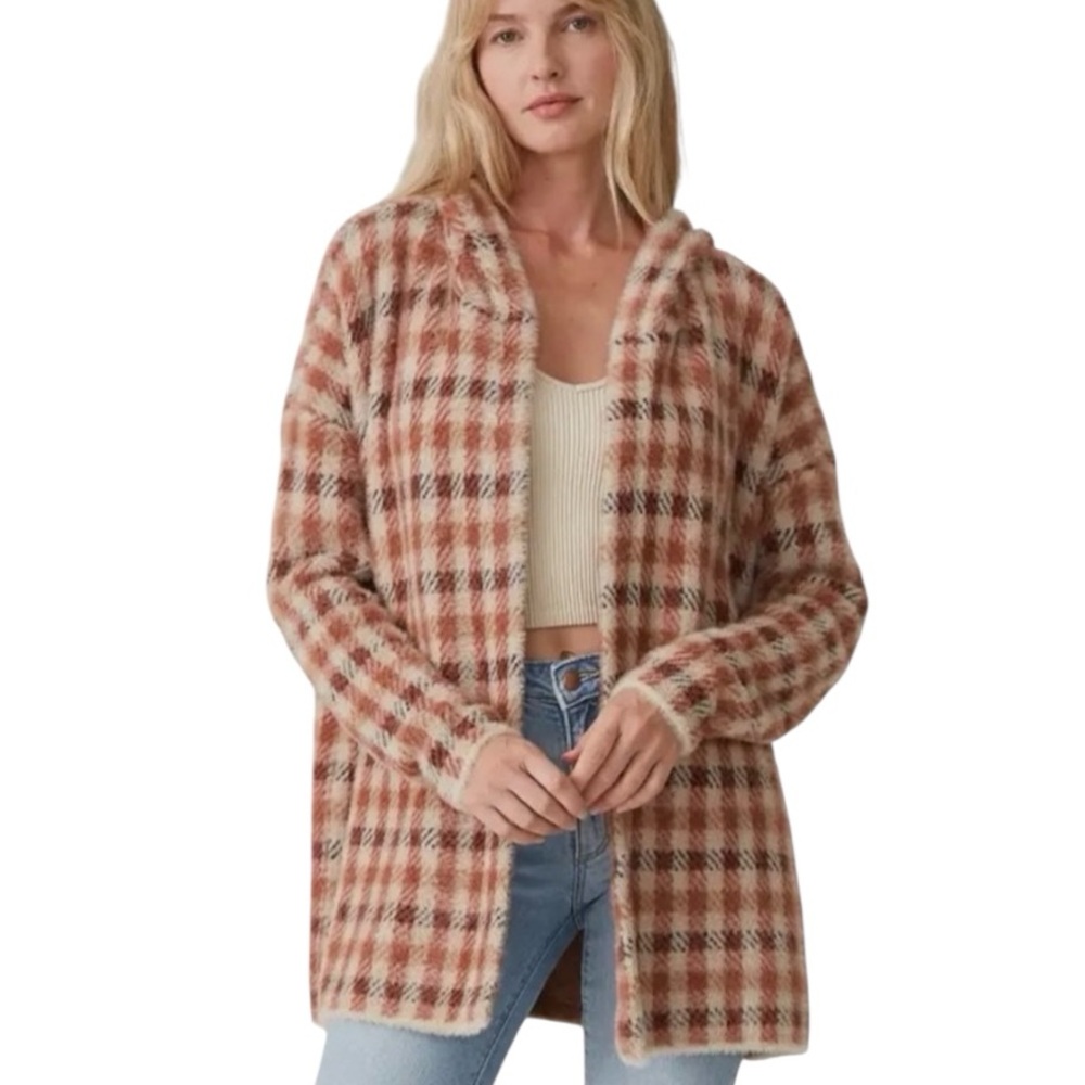 Hooded Checkered Teddy Sweater Jacket in Browns and Cream NWT
